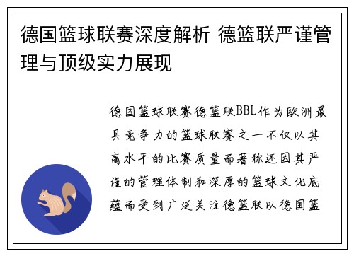德国篮球联赛深度解析 德篮联严谨管理与顶级实力展现